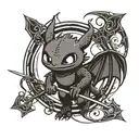 A minimalist design of Toothless from 'How to Train Your Dragon' with a bow and arrow, symbolizing the client's love for archery and dragons tattoo design idea
