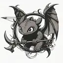 A minimalist design of Toothless from 'How to Train Your Dragon' with a bow and arrow, symbolizing the client's love for archery and dragons tattoo design idea