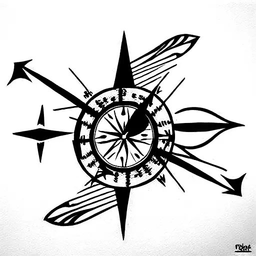 A sparrow trying to find his way with a compass in his hand flies through a labyrinth-like sky. tattoo design idea