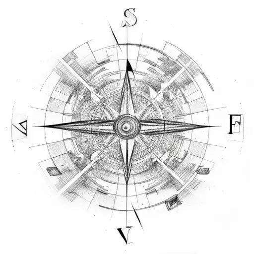 A sparrow trying to find his way with a compass in his hand flies through a labyrinth-like sky. tattoo design idea