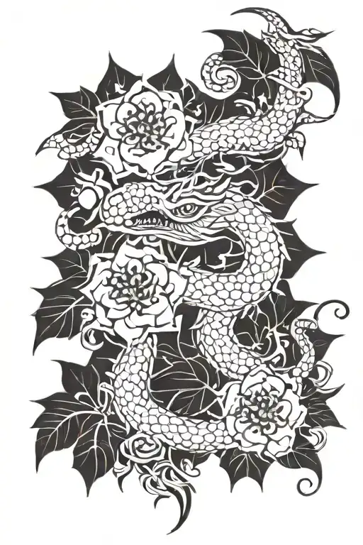 dragon flowers cross intertwined tattoo design idea