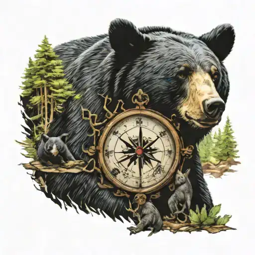 black bear and cubs  in woods in color nautical compass tattoo design idea