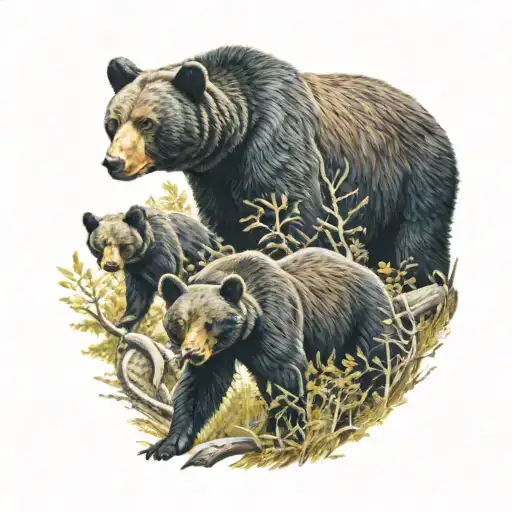 black bear and cubs  in woods in color tattoo design idea