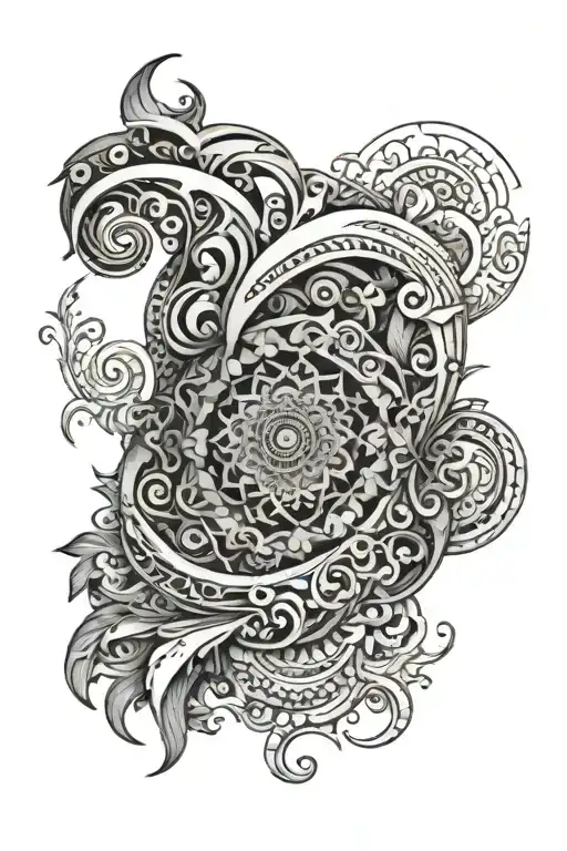 A black and grey spiral mandala inspired by the ocean waves tattoo design idea