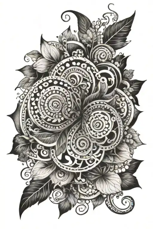 Create a tattoo featuring a spiral design intertwined with elements of nature and mandala motifs tattoo design idea