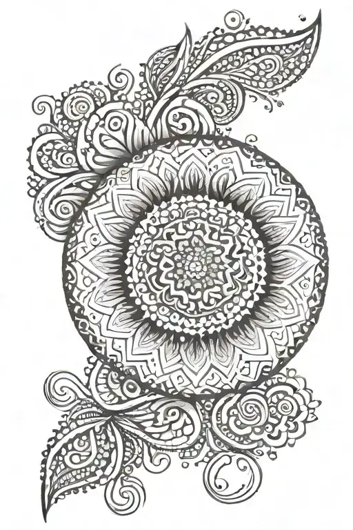 A dotwork tattoo featuring a spiral mandala with floral elements tattoo design idea