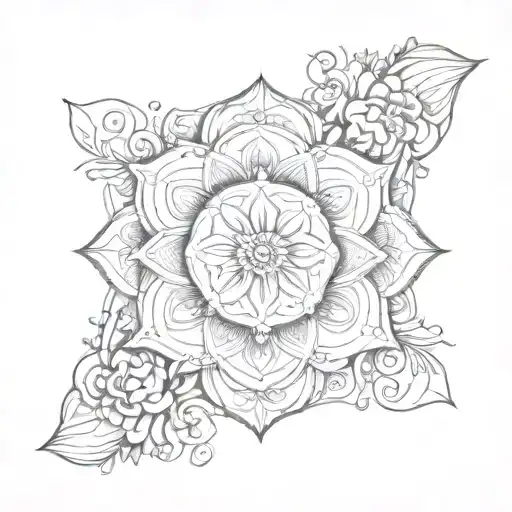 Incorporate a mandala design with spiral patterns and floral elements in a sketch style tattoo design idea