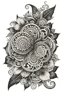 Create a tattoo featuring a spiral design intertwined with elements of nature and mandala motifs tattoo design idea