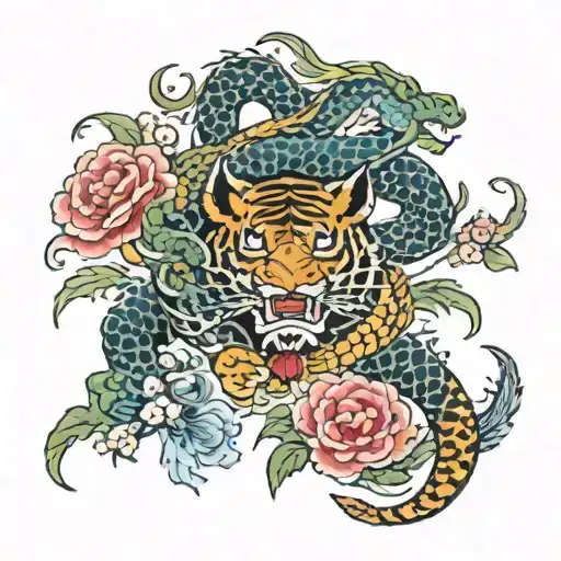 yakuza back tattoo with dragons, tigers and flowers tattoo design idea
