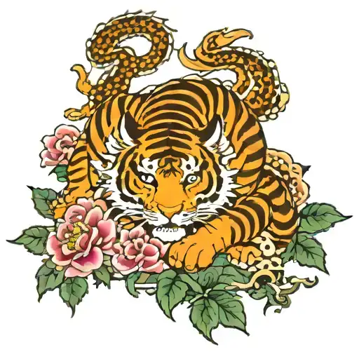 yakuza full back tattoo with dragons, tigers and flowers tattoo design idea