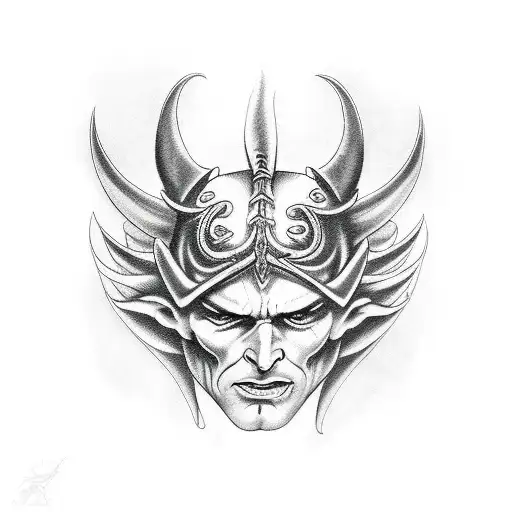devil holding angel mask tattoo design idea