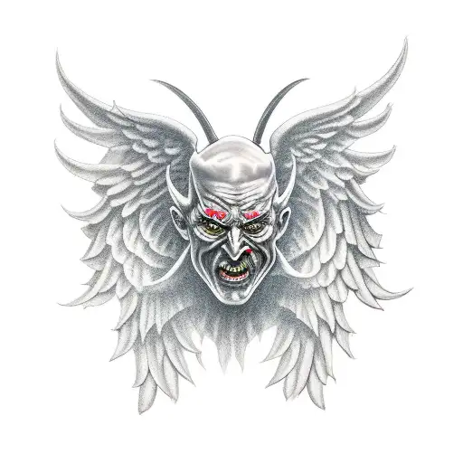 devil holding angel mask full standing wings tattoo design idea