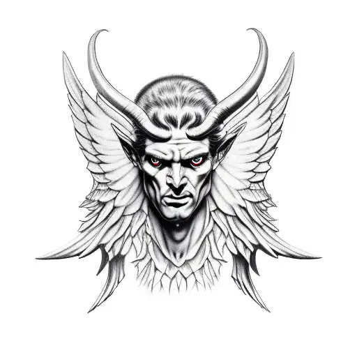 devil holding angel mask full standing wings tattoo design idea