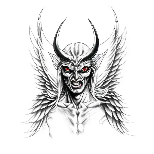 devil holding angel mask full standing wings tattoo design idea