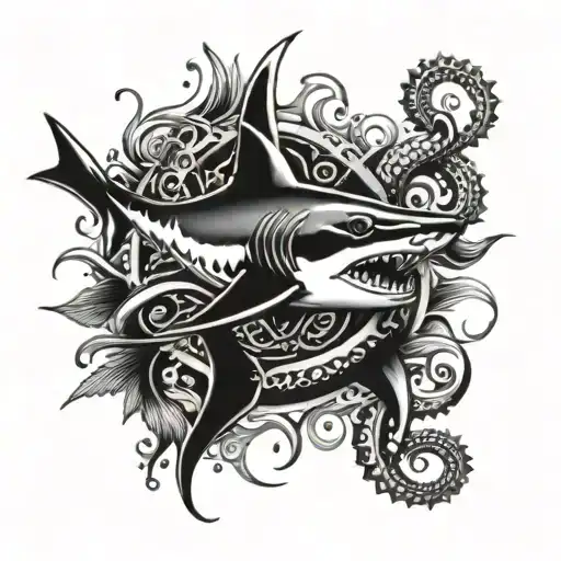 shark and octopus wrapped tattoo design idea