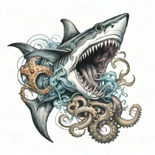 shark and octopus wrapped tattoo design idea
