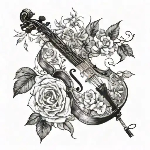 A cello surrounded by lush nature elements like flowers and vines tattoo design idea