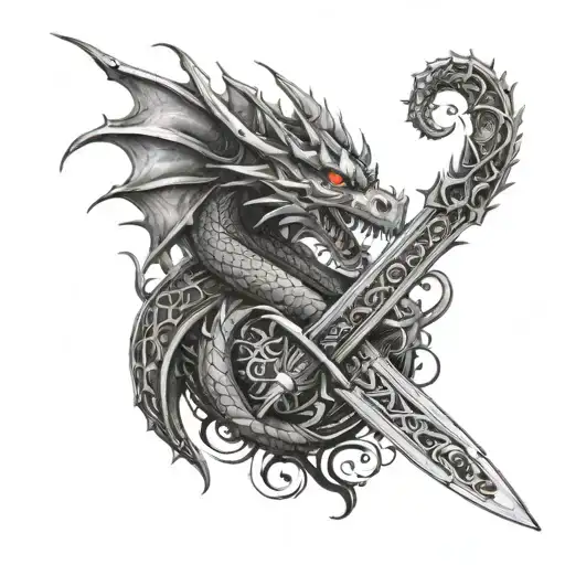 A dragon wrapped around a sword with intricate details and patterns tattoo design idea