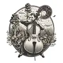 A restaurant worker playing a cello in a serene forest setting, with arrows flying through the air tattoo design idea