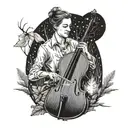 A restaurant worker playing a cello in a serene forest setting, with arrows flying through the air tattoo design idea
