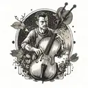 A restaurant worker playing a cello in a serene forest setting, with arrows flying through the air tattoo design idea