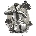 A restaurant worker playing a cello in a serene forest setting, with arrows flying through the air tattoo design idea
