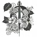 A cello surrounded by lush nature elements like flowers and vines tattoo design idea