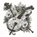 A cello surrounded by lush nature elements like flowers and vines tattoo design idea