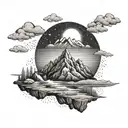 A dotwork tattoo of a serene mountain landscape with a rising sun, representing the journey to success and enlightenment tattoo design idea