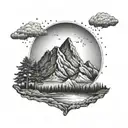 A dotwork tattoo of a serene mountain landscape with a rising sun, representing the journey to success and enlightenment tattoo design idea