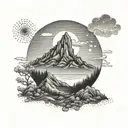 A dotwork tattoo of a serene mountain landscape with a rising sun, representing the journey to success and enlightenment tattoo design idea