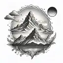 A dotwork tattoo of a serene mountain landscape with a rising sun, representing the journey to success and enlightenment tattoo design idea