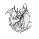 A blackwork dragon surrounded by symbols of the Catholic faith tattoo design idea