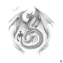 A blackwork dragon surrounded by symbols of the Catholic faith tattoo design idea