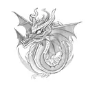 A blackwork dragon surrounded by symbols of the Catholic faith tattoo design idea