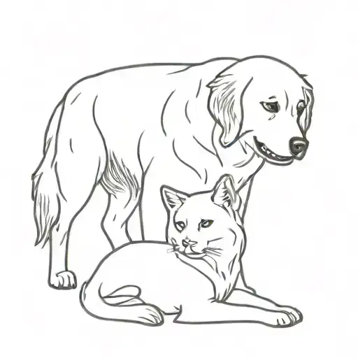 Golden retriever and Orange cat playing tattoo design idea