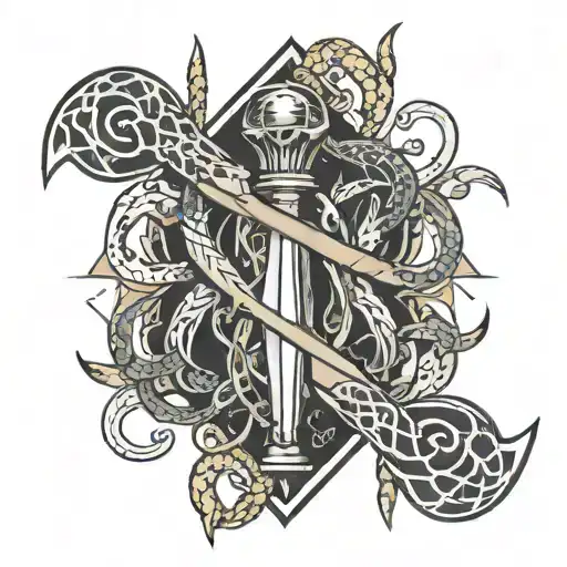 halberd wrapped in oroboros snakes  tattoo design idea