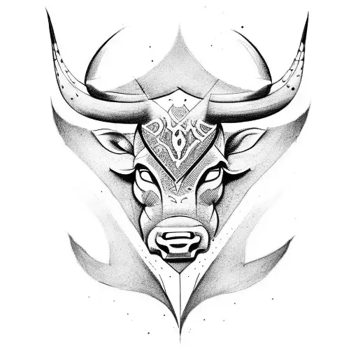 Create a unique and balanced tattoo design featuring a non-colored, shaded representation of a half bull face and a half tattoo design idea