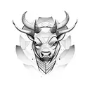 Create a unique and balanced tattoo design featuring a non-colored, shaded representation of a half bull face and a half tattoo design idea