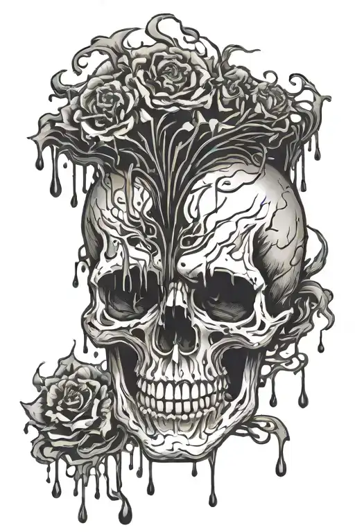 skull crying black tears melting into abstact black lines tattoo design idea