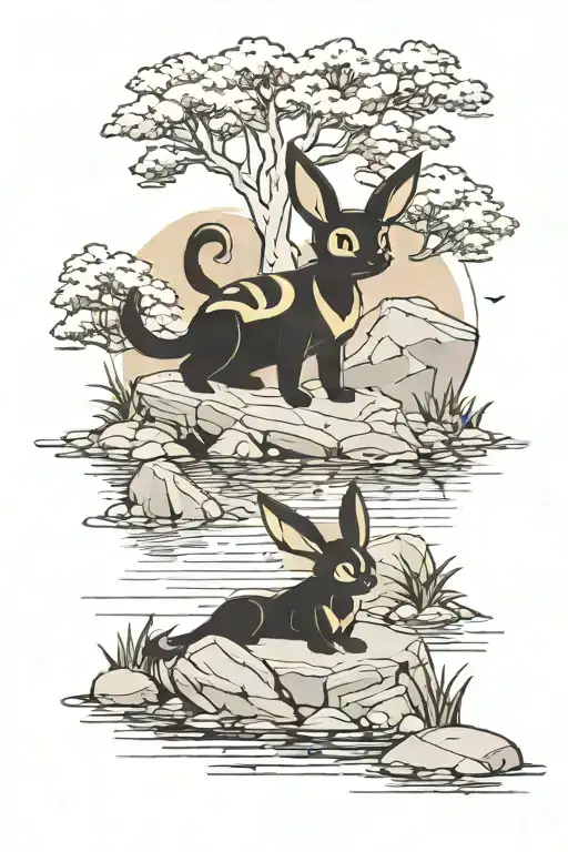 Umbreon on a rock by the lake tattoo design idea