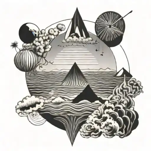 Elemente aus Tame Impala-Alben wie "Currents" oder "Lonerism" zeigt, mit schwebenden Inseln, fließenden Flüssen und surr tattoo design idea