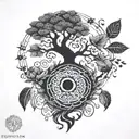 A tattoo combining elements of Portuguese and Mexican culture, featuring a tree of life with the root as the shield of Portugal and the om symbol as part of the branches, intertwined with an infinity symbol containing your wife's and children's names as fruits tattoo design idea