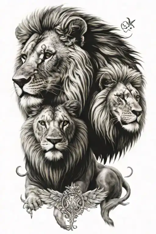 Shoulder tattoo of a baby lion and grandpa lion looking up to a angel warrior with the Roman numerals Shoulder tattoo of tattoo design idea