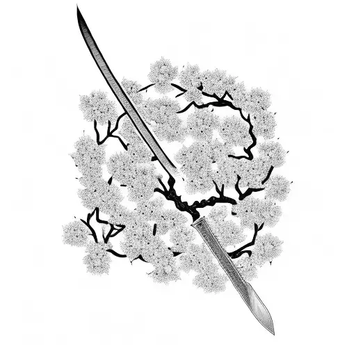 sword cutting through a field of blooming Japanese cherry blossoms tattoo design idea