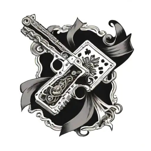 gun and playing cards with a ribbon that says dead man's hand tattoo design idea
