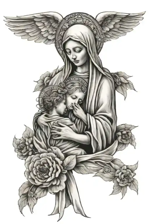 five passed away  loved ones with reference to Mother Mary welcoming them in her arms tattoo design idea