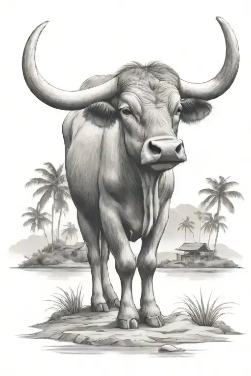 carabao  standing in front of a trapical island  tattoo design idea