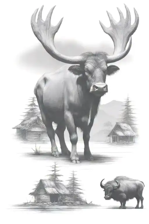  water  buffalo standing in front with huts in background   tattoo design idea