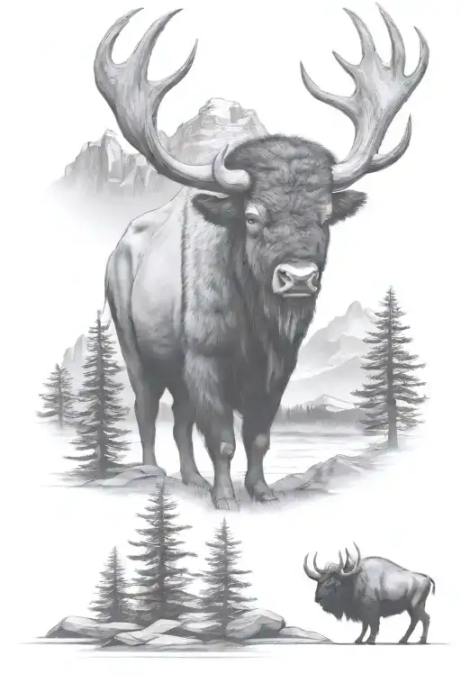 bison standing atop a mountain tattoo design idea